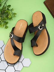 Pelle Albero Black Faux Leather Slip on Extra Padding Comfortable Sandal For Women