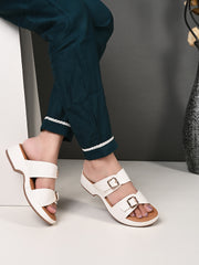 Pelle Albero White Faux Leather Slip on Extra Padding Comfortable Sandal For Women