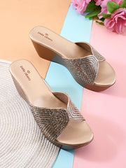 Pelle Albero Women Golden Colour Wedge Heel Lux Embellished Sandals