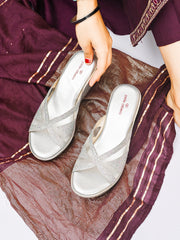 Pelle Albero Women Embellished Silver Colour Wedge Heel Slippers