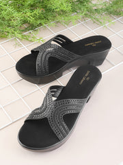 Pelle Albero Women Embellished Black Colour Wedge Heel Slippers