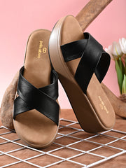Pelle Albero Women Black Colour Wedge Heel Lightweight Comfort Sandals