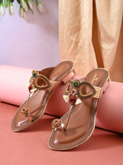 Pelle Albero Women Golden Colour Block Heel Kolhapuri Sandals