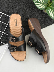 Pelle Albero Women Black Leather Flat Orthopedic Slippers