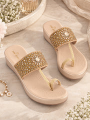 Pelle Albero Women Partywear Gold Flat Sandals