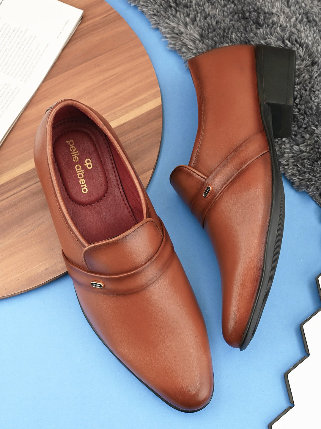 Pelle Albero Cognac Leather Slip on Cuban Heel Formal Shoes For Men