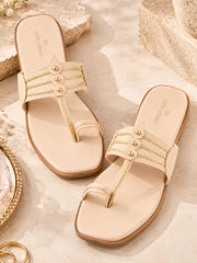 Pelle Albero Women Kolhapuri Cream Flat Sandals