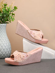 Pelle Albero Women's Rose Gold Synthetic Leather Slip-On Wedge Heel Sandal