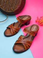 Pelle Albero Women's Tan Leather Slip-On Block Heel Sandals