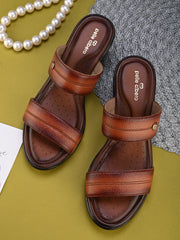 Pelle Albero Women's Latest Trendy Tan Leather Slip-On Heels Block Sandals