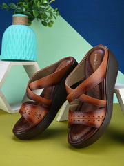 Pelle Albero Women's Tan Leather Slip-On Wedge Heel Sandals
