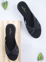 PELLE ALBERO Women Black Embellished Slip-On Wedge Heels Sandals