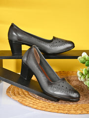 Pelle Albero Textured Leather Block Pumps With Laser Cuts