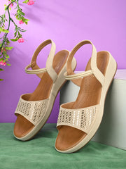 PELLE ALBERO Women Beige Slip-On Flatform Heels Sandal